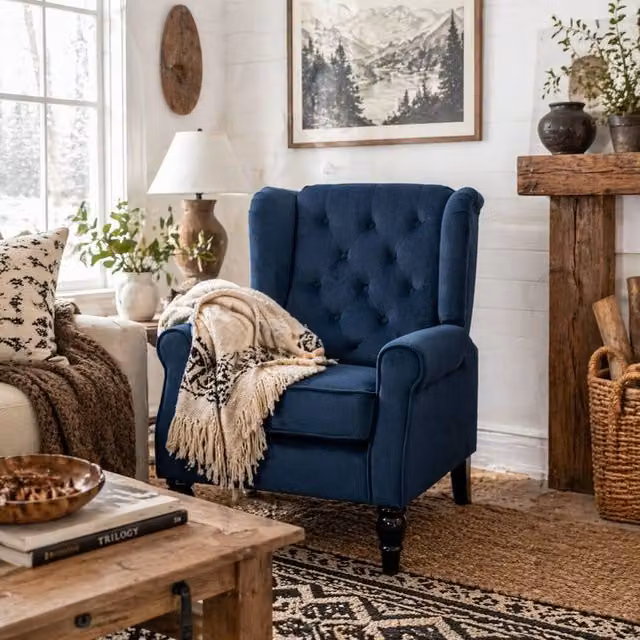 Wyld Haus Rake Retro Wingback Accent Armchair in Blue Velvet with Button Tufting, W/D/H: 86 x 47 x 102 cm