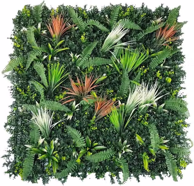AKA Green Artificial Living Wall Panels Mixed Floral Grass Foliage W: 100 cm, H: 100 cm