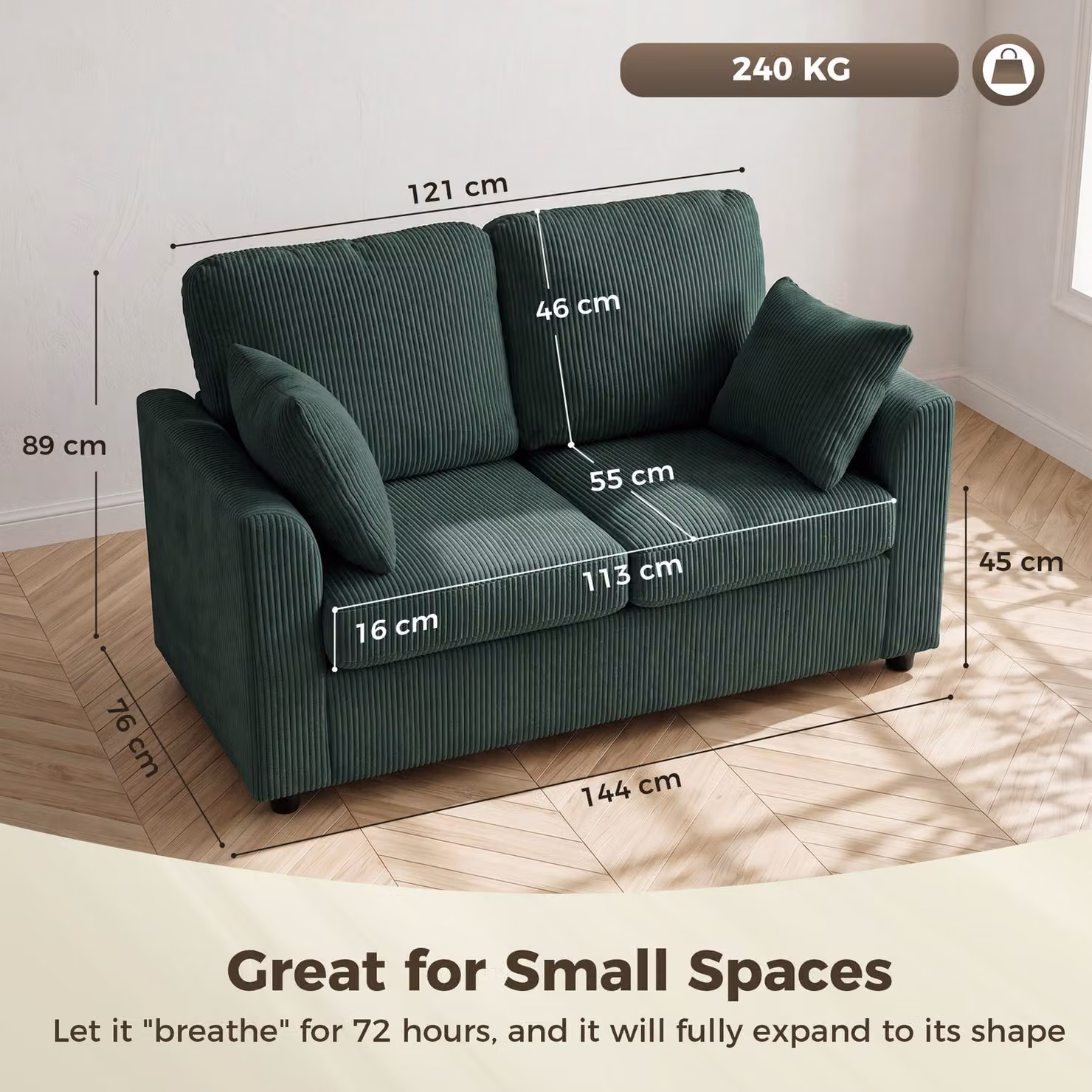 HOMCOM 2 Seater Corduroy Sofa in Dark Green with Scatter Cushions and Spring Cushions – 3