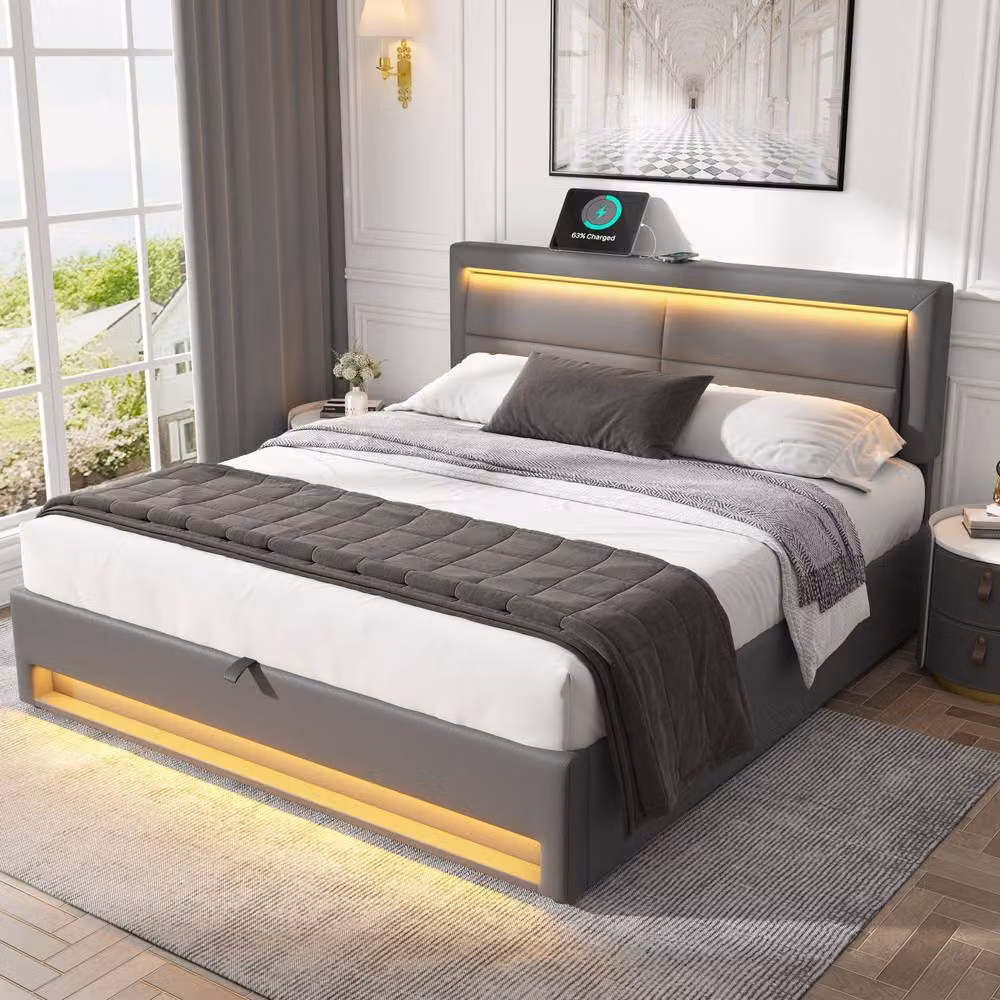 Matteo Modern Upholstered Double Bed in Grey with USB Charging Port and Under-Bed Lighting, W: 135 cm, L: 190 cm – 2
