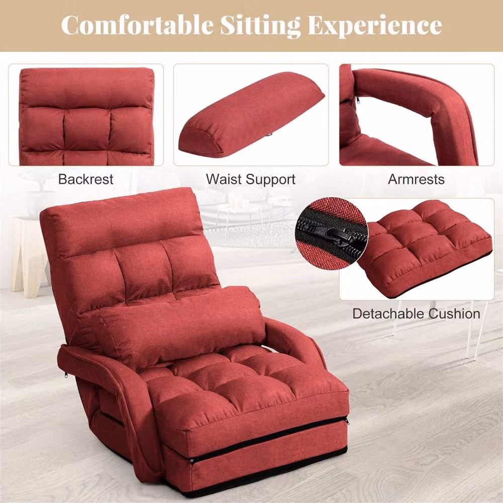 Havendro Red 6-Level Adjustable Folding Lazy Chaise Lounge Sofa Chair with Armrests and Metal Frame – 5