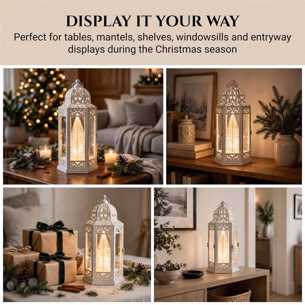 Shatchi White Hexagonal Vintage LED Christmas Tabletop Lantern, Height: 30 cm – 7