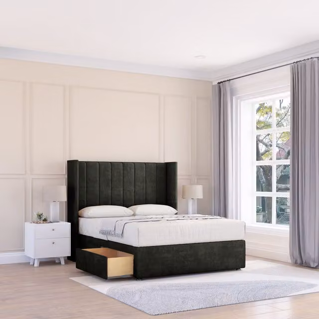 Sloomy Falcon Dumfries Wingback Bed Set with 2 Drawers and Floor Standing Headboard in Black Velvet, W/D/H: 180 x 200 cm