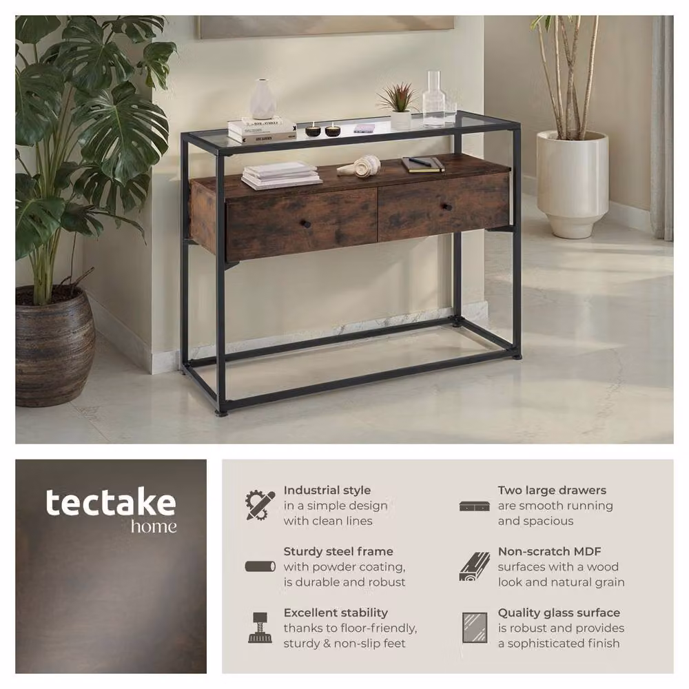 tectake Reading Sideboard with Safety Glass Tabletop and 2 Large Drawers in Dark Brown, W/D/H: 101.5 x 80.5 x 2.0 cm – 2