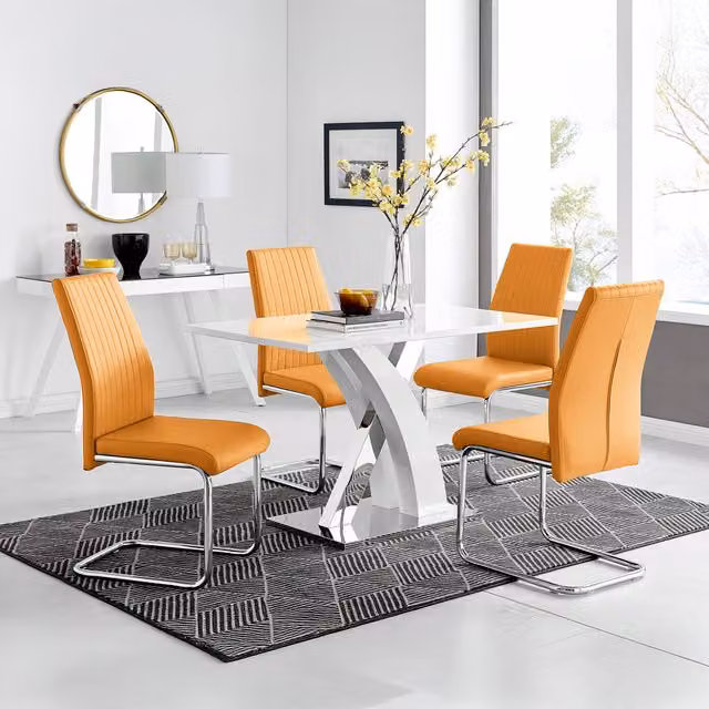 FurnitureboxUK Atlanta White High Gloss Rectangular Dining Table with X-Frame Legs and 4 Mustard Lorenzo Dining Chairs Set