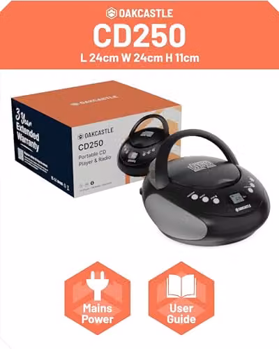 Oakcastle Portable Bluetooth CD Boombox with FM Radio and 3.5 mm Jack, Black – 6