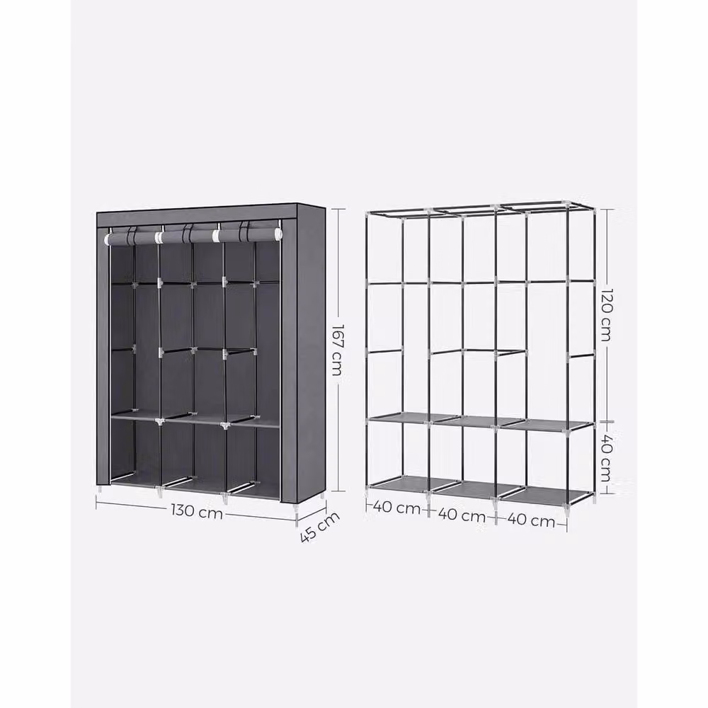 The Bazaarist Portable Fabric Wardrobe with Hanging Rod and Internal Shelves, Grey – 3