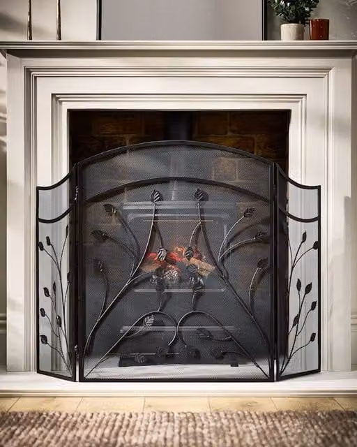 Dibor Vintage Style Leaf Vine Three Fold Fireplace Guard in Black, H60cm x W100cm