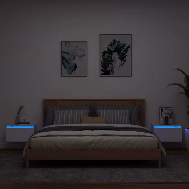 Berkfield Home Set of 2 White Wall-mounted Bedside Cabinets with Integrated LED Lighting