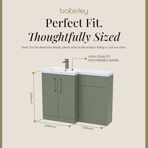 Balterley L-Shaped Vanity Unit and WC Unit with Worktop, Green, Floor Standing with 2 Soft Close Doors and Brushed Pewter D Shape Handles, Left Hand Sink Configuration – 2