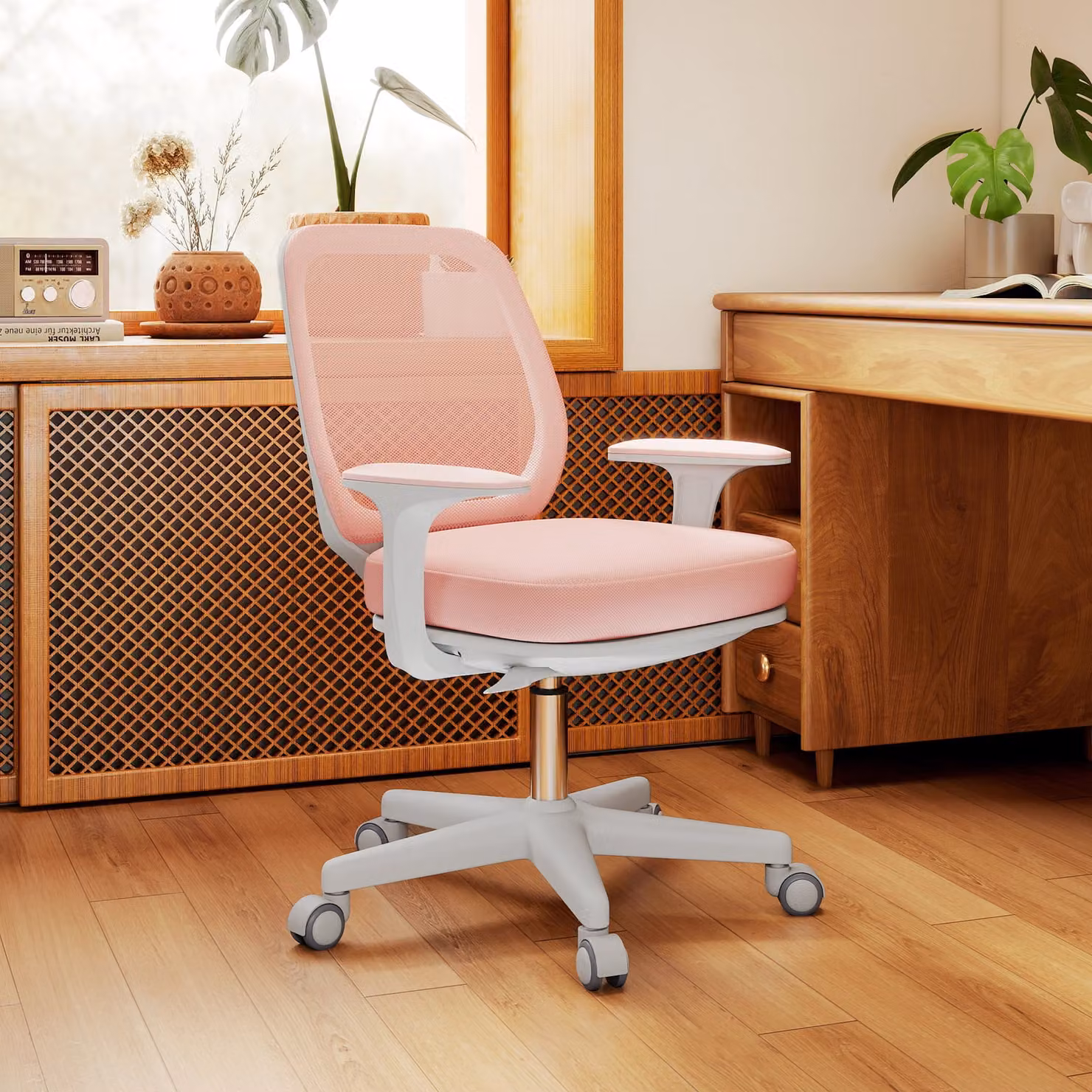 Vinsetto Pink Fabric Task Chair with Armrests and 360 Degree Swivel Castors – 3