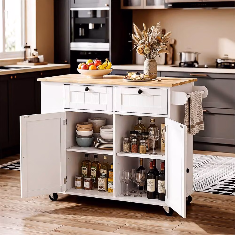 NESTLUNE B White Kitchen Island Rolling Storage Trolley with Rubberwood and Glass – 2