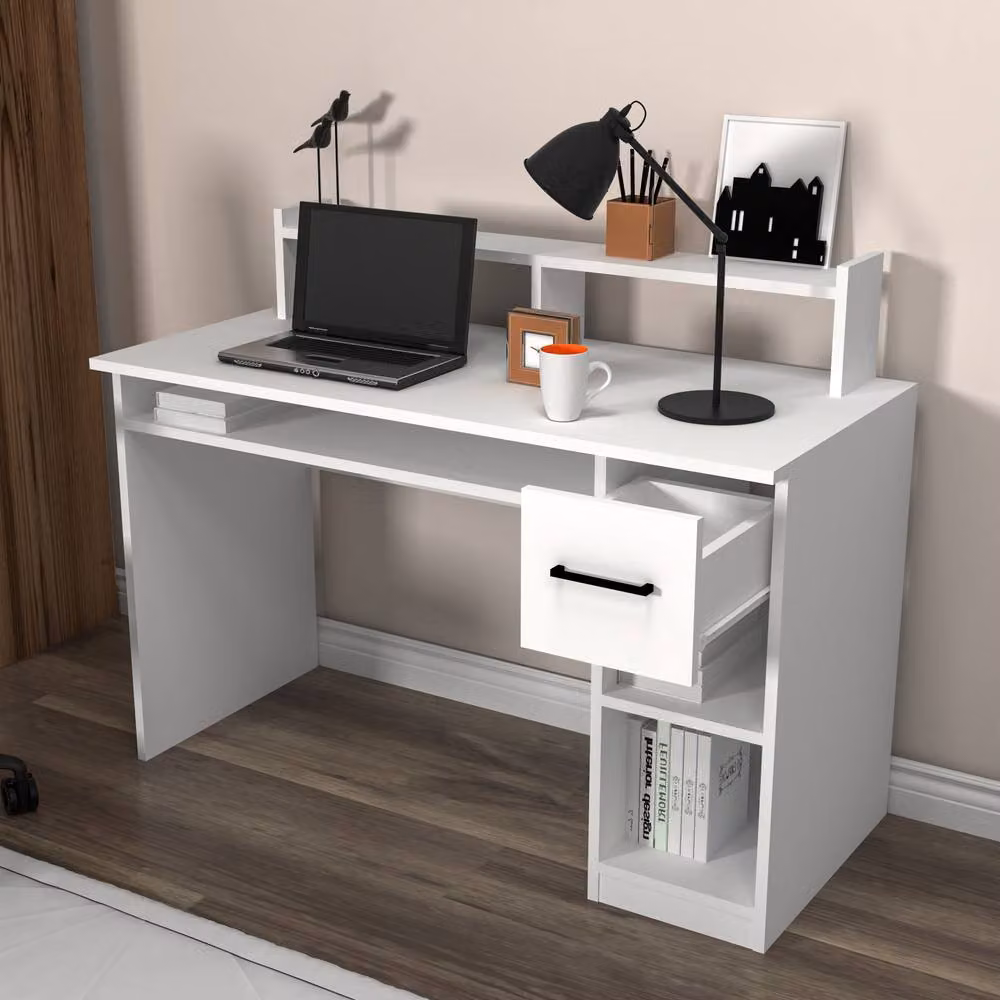 Destina Home Eslem Computer Desk in White with Drawer and Shelves – 2