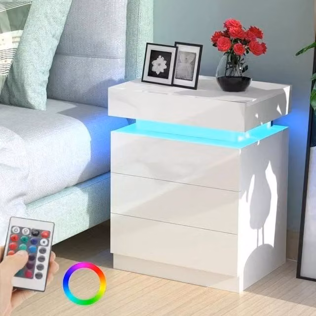 EONLION White 3-Drawer Bedside Table Cabinet with Integrated LED Light and Glossy Finish