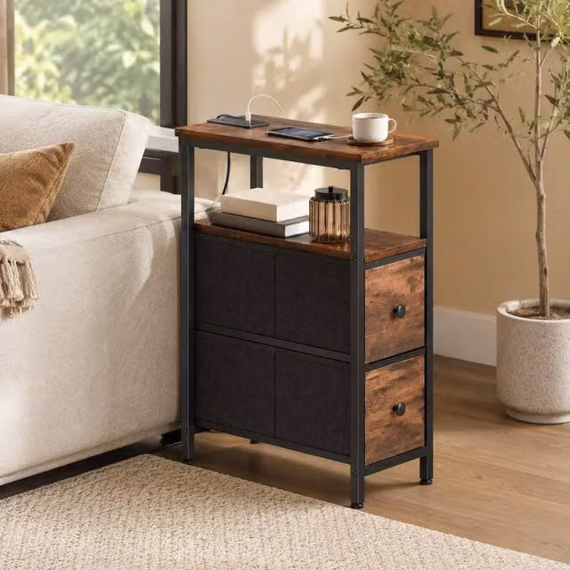STILVORA Industrial Bedside Table with Charging Station and 2 Drawers in Dark Brown and Black