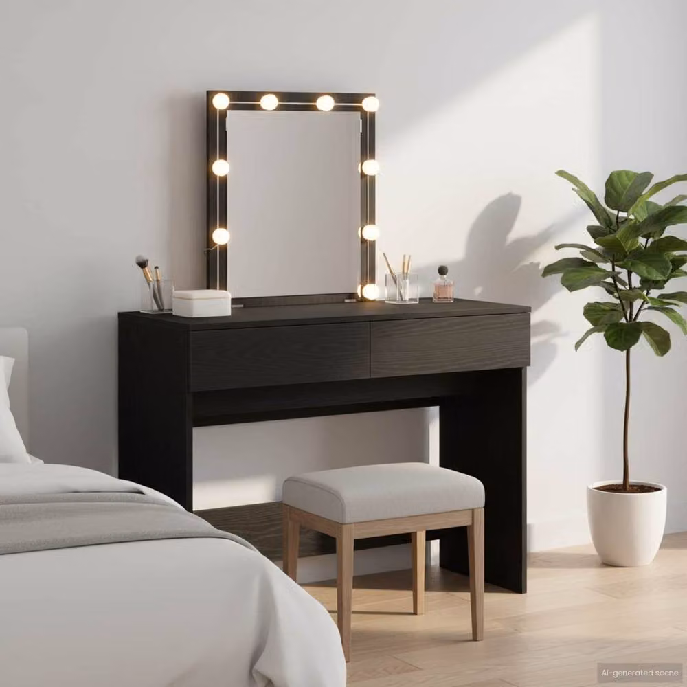 Berkfield Home Modern Dressing Table with LED Hollywood Mirror in Black Oak – 2
