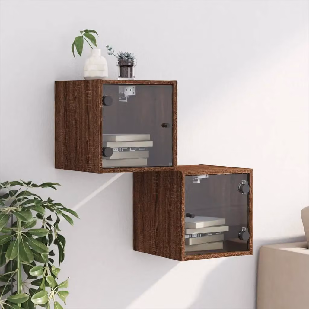 Berkfield Home Set of 2 Modern Brown Oak Bedside Cabinets with Glass Doors, W/D/H: 35 x 37 x 35 cm – 3
