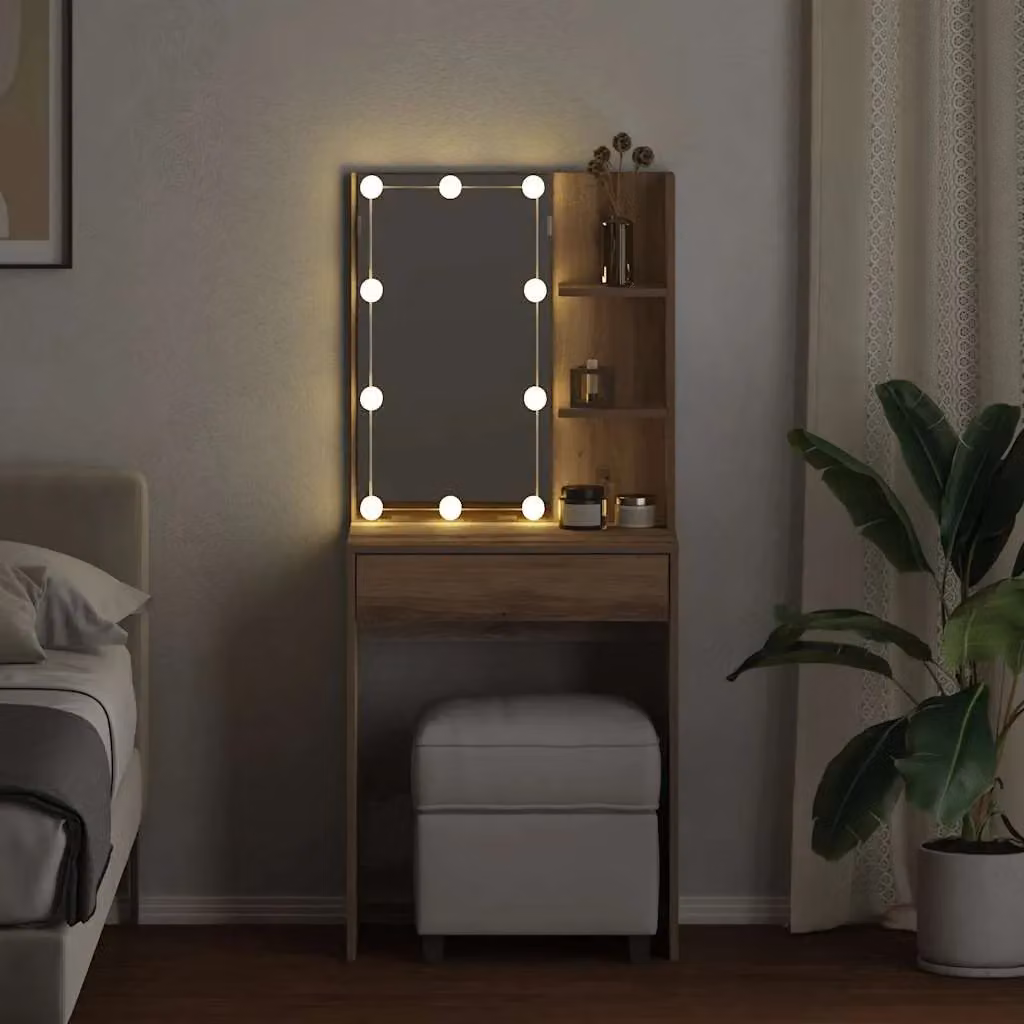 Berkfield Home Modern Dressing Table with Hollywood LED in Artisan Oak, W: 60 cm, D: 40 cm, H: 140 cm – 4