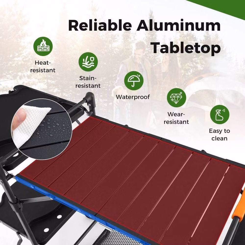 KORVIXA Black Folding Outdoor Camping Kitchen Table and Cooking Station, W/D/H: 100 x 54 x 88 cm – 4