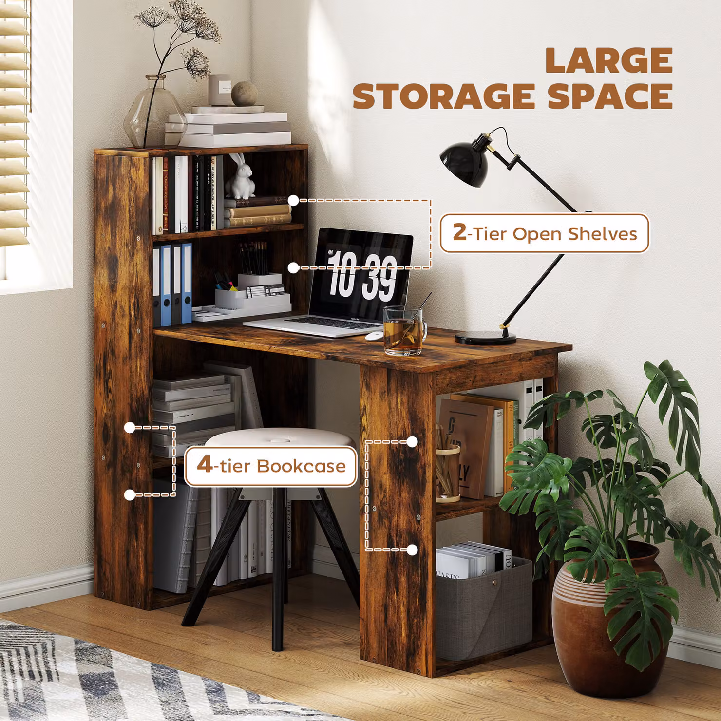 HOMCOM Rustic Brown Wood-Effect Computer Desk with 6-Tier Storage Bookshelves, Width: 120 cm – 4