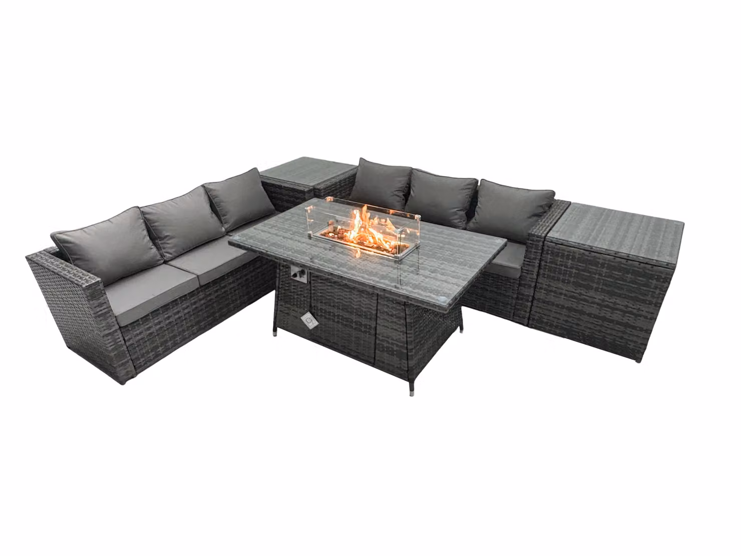 Fimous 6 Seater Rattan Garden Furniture Firepit Dining Set with Lounge Sofa, Table and 2 Side Tables in Dark Grey – 2