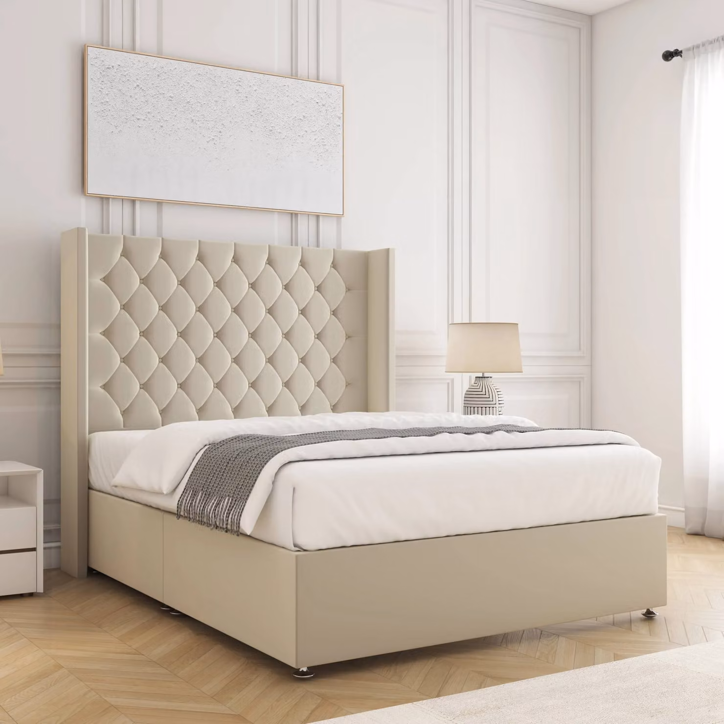 BSSPOKE Winchester Double Divan Bed with 54 inch Chesterfield Headboard in Beige Plush Velvet, W/D/H: 140 x 200 cm