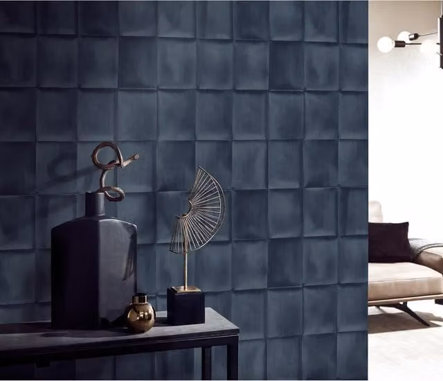 Elle Decoration Radiance Embossed Abstract Geometric Vinyl Wallpaper in Grey and Blue