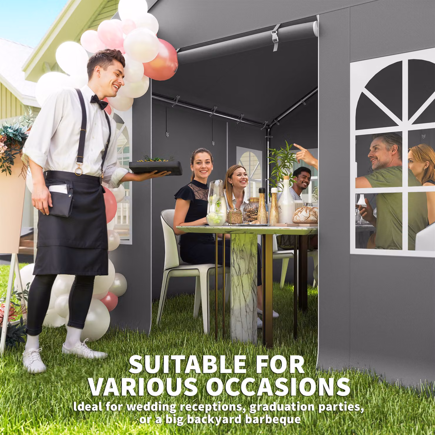 Outsunny Grey Party Tent Canopy with Removable Sidewalls and Windows, W: 300 cm, D: 300 cm, H: 278 cm – 3