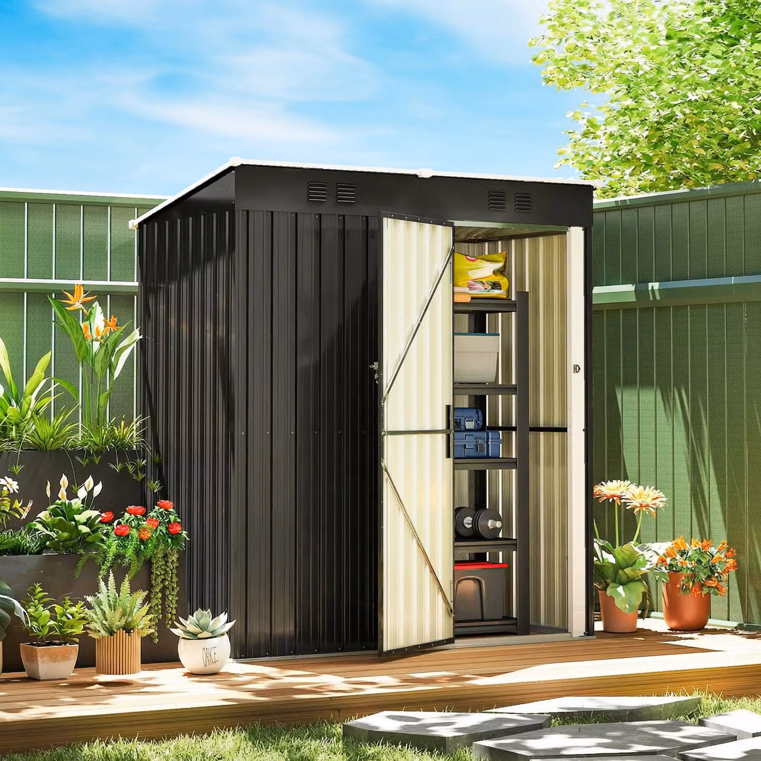 Outsunny Lean-to Garden Storage Shed with Lockable Door and Vents, Dark Grey, W: 152.4 cm, D: 91.44 cm, H: 179 cm – 2