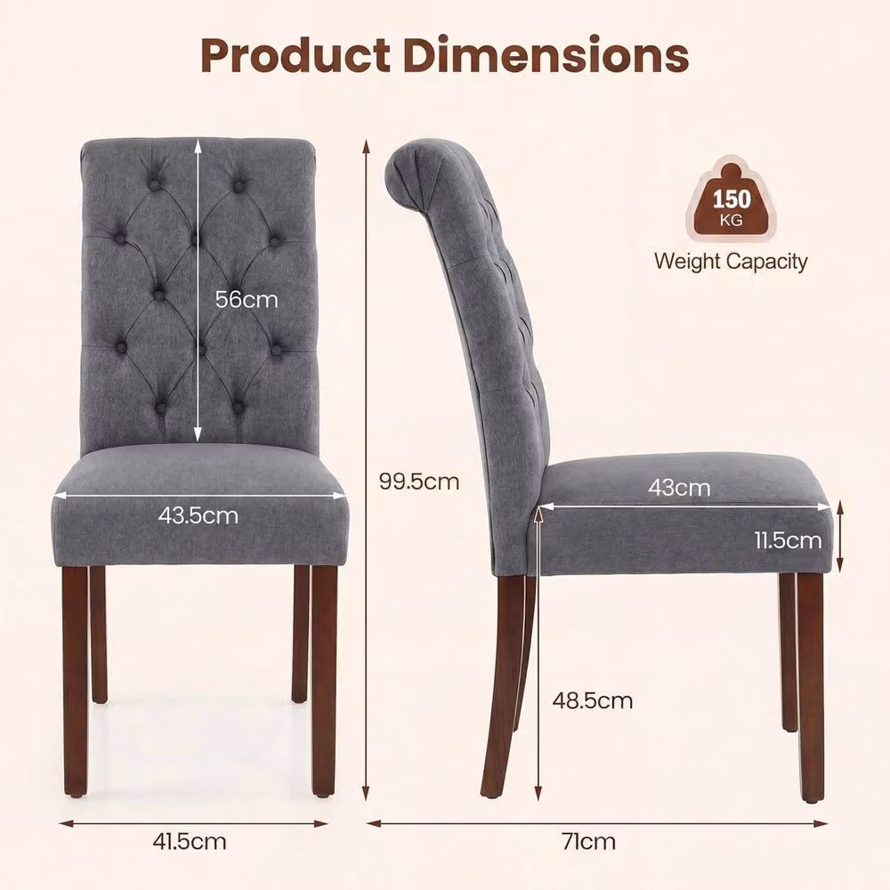 Havendro 2 Pack Button Tufted Padded Upholstered Dining Chairs in Grey Fabric with Wood Legs – 2