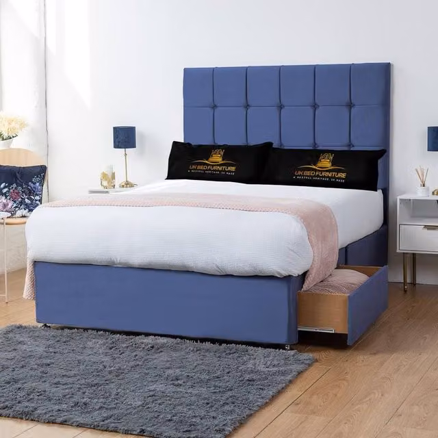 UK Bed Furniture Florence Blue Fabric Upholstered Divan Bed with 4 Drawers, W/D/H: 140 x 200 cm