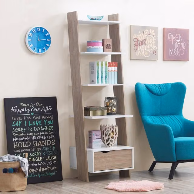Timber Art Design UK Pulford Ladder Bookcase with Drawer in White
