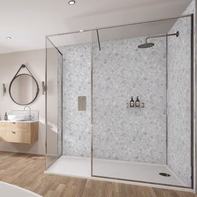 Wetwall Linate Terrazzo Laminate Wall Panel, Grey, W: 121.0 cm, H: 242.0 cm, D: 1.1 cm