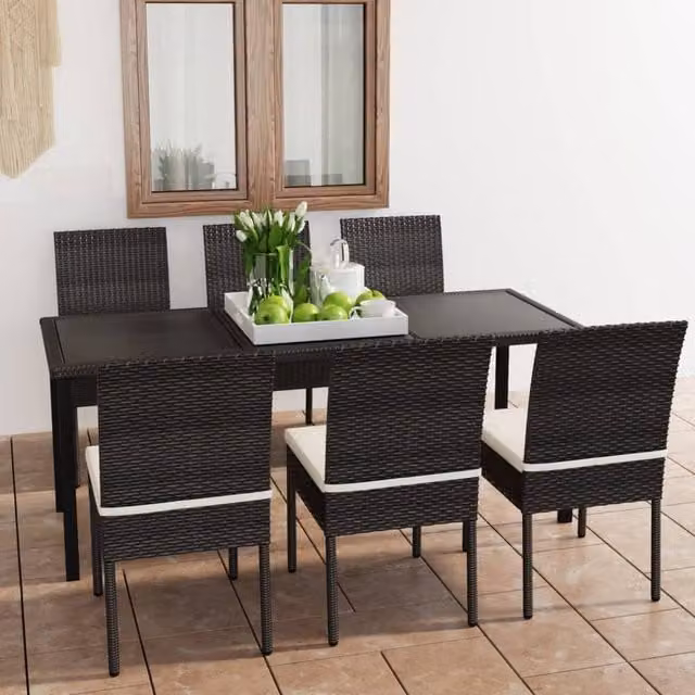Berkfield Home 7 Piece Poly Rattan Outdoor Dining Set with Cushions in Black