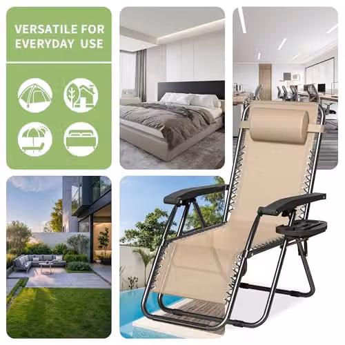 MCC Direct Set of 2 Zero Gravity Reclining Sun Loungers with Cream Textilene Fabric and Black Powder Coated Steel Frame – 6