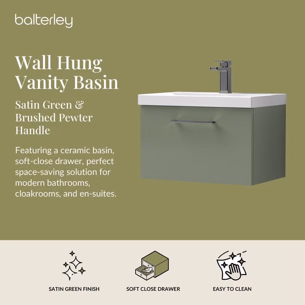 Balterley 600mm Wall Hung 1 Drawer Vanity Basin Unit in Satin Green with Pewter Handle – 2