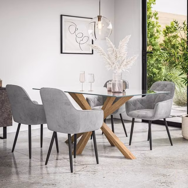 More4Homes Etta Glass Dining Table and Anika Grey Velvet Chair Set of 6 with Solid Oak Legs – 1