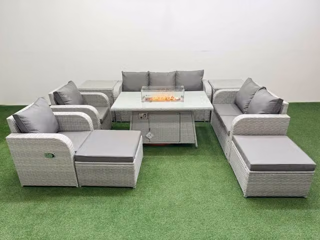 Fimous Grey PE Rattan Garden Furniture Set with Reclining Chairs, Double Love Seat, Firepit Dining Table and Footstools