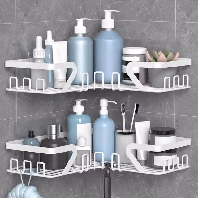 VOGREX White Adhesive No Drill Corner Shower Caddy with Soap Holder and Drainage