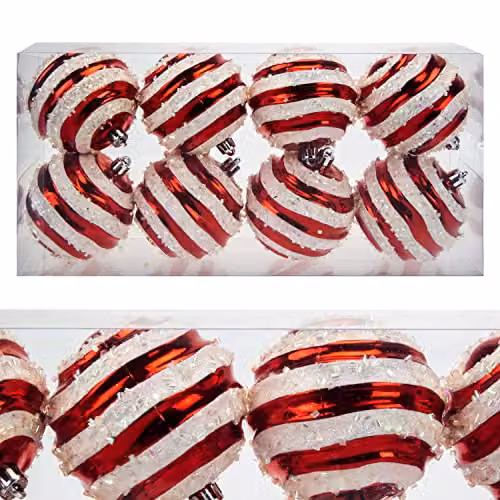 VFM e-Store Red and White Striped Glass Baubles, Diameter: 8 cm (8 Pack) – 3