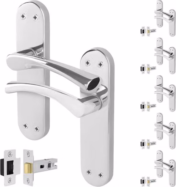 AFIT Chrome Twist Door Handle Latch Set with Novi Backplate, Metallic Silver, 6 Pairs, W/D/H: 150 x 150 x 17.5 mm – 1