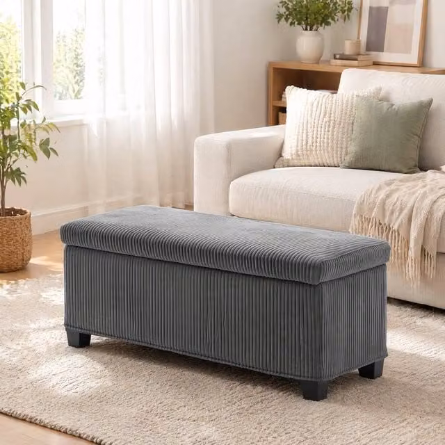 STILVORA Grey Fabric Storage Ottoman Bench with Hidden Storage, Width: 112 cm – 1