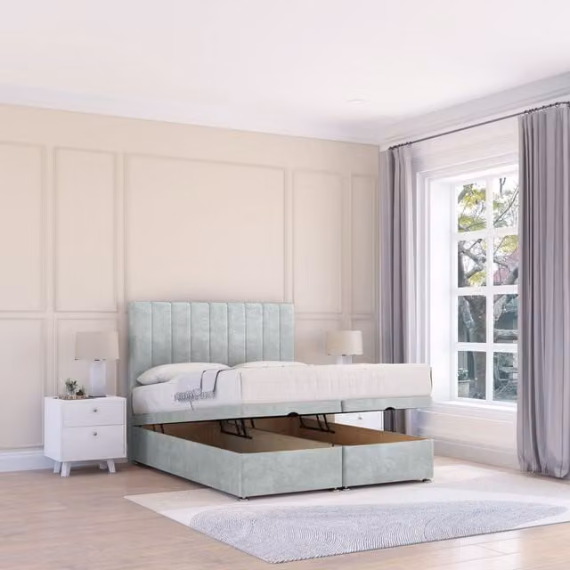 Sloomy Kansas Naples Silver Grey Fabric Ottoman Bed with Hybrid Memory Mattress and 26 Inch Strut Headboard, Small Double, W/D/H: 120 x 200 cm