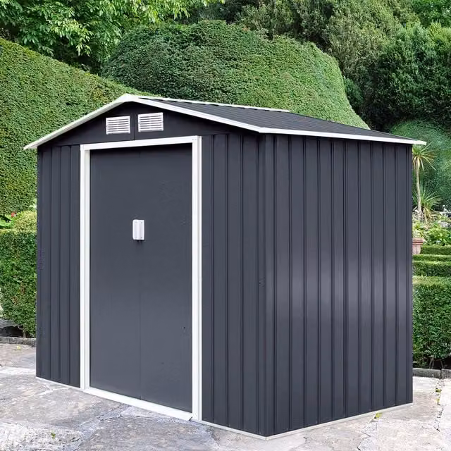 COSTWAY Modern Galvanised Steel Garden Storage Shed with Sliding Doors in Grey