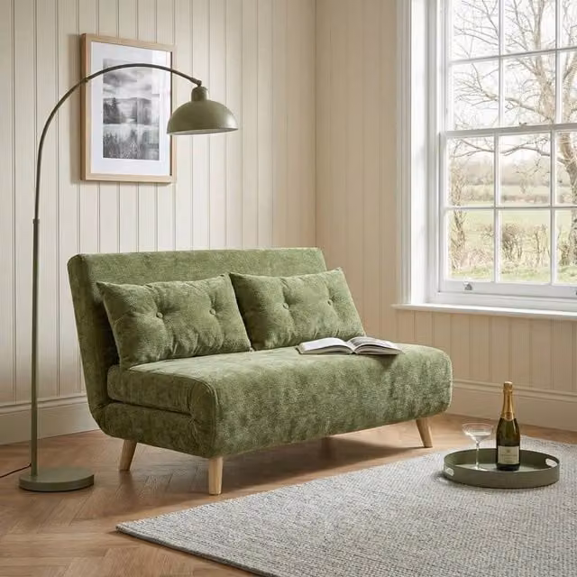 Home Garden Direct Aurora Small Double 2 Seater Sofa Bed in Green Premium Fabric with Scatter Cushions, W/D/H: 120 x 200 cm – 1