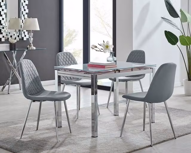 FurnitureboxUK Enna White Glossy Glass Extending 4-6 Seater Rectangular Dining Table and 4 Grey Corona Faux Leather Chairs – 1