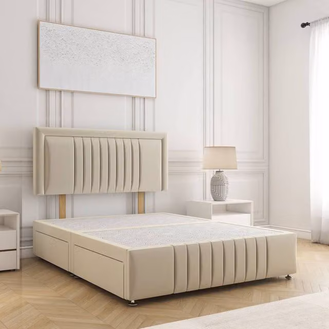 BSSPOKE Lily Plush Divan Bed with 24 inch Headboard and 2 Drawers, Beige, W/D/H: 140 x 200 cm