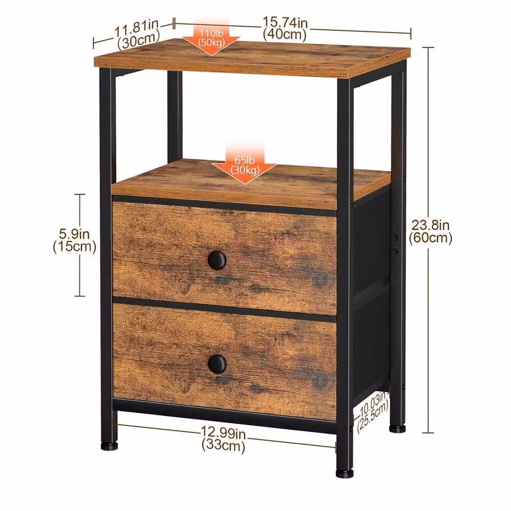 FORGEVIO Brown Bedside Table with 2 Fabric Storage Compartments, W/D/H: 30 x 40 x 60 cm – 2