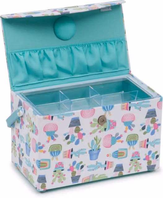 HobbyGift Sewing Box with Fold Over Lid, Cactus Party, White and Multicolour, W/D/H: 18.0 x 16.5 x 29.0 cm