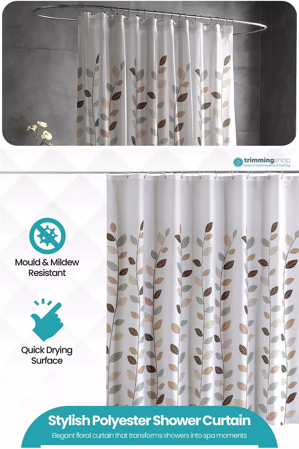 Neel Blue Leaves Design Polyester Water-Resistant Shower Curtain with 12 Hooks, W: 180 cm, H: 200 cm – 2